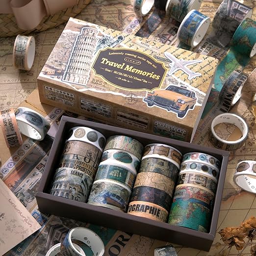 Auguro 18 Rolls Travel Washi Tape Set journaling Tape for Crafts and Journaling DIY Scrapbook Tape for journaling Scrapbooking Supplies washi Tape for Scrapbooking