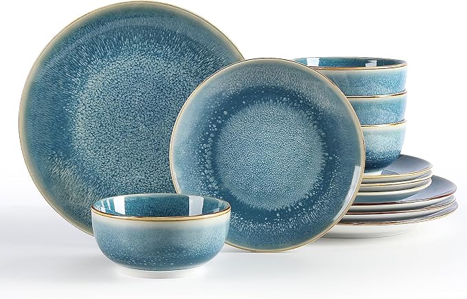 Sweejar Dinnerware Sets Service for 4, 12 pcs Porcelain Plates and Bowls for Kitchen, Housewaring Gift, Chip and Scratch Resistant Dish Set, Handmade Dishwasher and Microwave Safe Plate Set, Blue