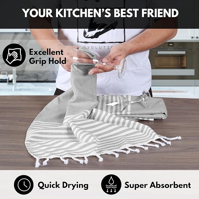 Turkish Kitchen Towels 18x26 Inches with Tassels - 4 Pack - Ultra Absorbent, Durable, Soft 100% Cotton Dish Towels for Drying & Cleaning - Machine Washable, Quick-Dry - Melange Grey