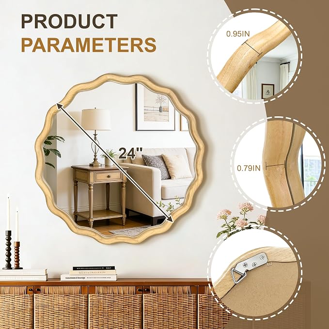 AMOISE Scalloped Round Mirror 24", Boho Wavy Wooden Frame Wall Mirror, Shatterproof Circle Accent Mirror for Bathroom, Bedroom, Entryway and Living Room