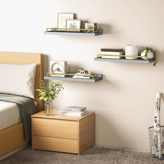 RYOFOBETTO Floating Shelves for Wall Decor, Grey and Gold Shelves for Bathroom, Living Room, Bedroom, Picture Frames, Plants, Kitchen (Set of 3)