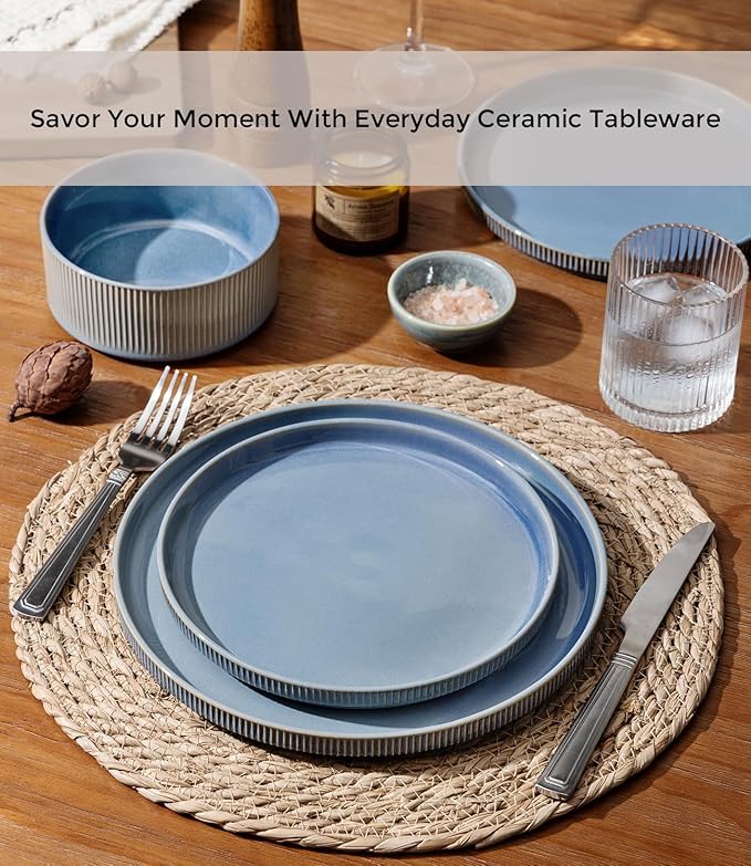 GBHOME 12-Piece Stoneware Dinnerware Set for 4 – Ribbed Ceramic Plates and Bowls, Scratch-Resistant, Microwave & Dishwasher Safe, Reactive Glaze, Alaskan Blue