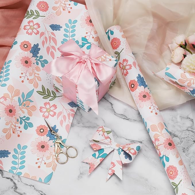 BIOBROWN Kraft Floral Wrapping Paper Roll - 17 Inches X 33 Feet (47 sq. ft. ttl.) Pink Pastel Daisy Design Flower Gift Wrap for Wedding, Bridal Shower, Birthday