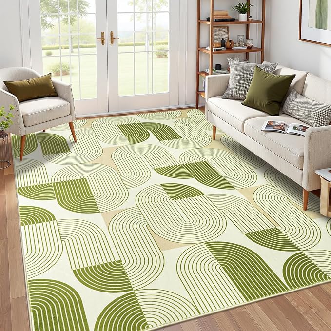 8x10 Area Rugs for Living Room, Washable Soft Green Rug for Bedroom, Mid Century Modern Rug Non Slip, Indoor Floor Boho Low Pile Abstract Carpet for Dining Room Nursery Office Home
