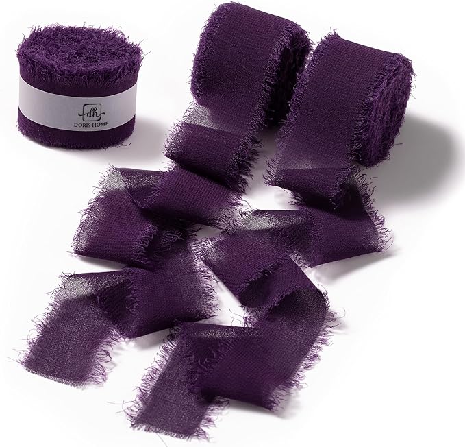 DORIS HOME Plum Chiffon Ribbon for Flower Bouquet, 1" x21Yd Fabric Ribbon for Gift Wrapping, Handmade Frayed Ribbon for Wedding Invitations/Christmas Decorations