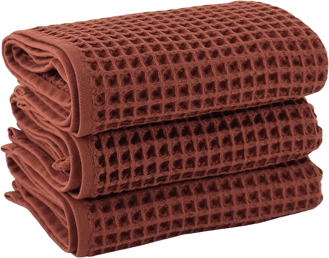 PÜSKÜL Natural 100% Turkish Cotton Waffle Kitchen Towels Set of 3 | Oeko-Tex, Premium Waffle Hand Towels for Bathroom | Soft Absorbent Quick-Dry Lint-Free Dish Towel Large 32x16 inch (3, Brick)