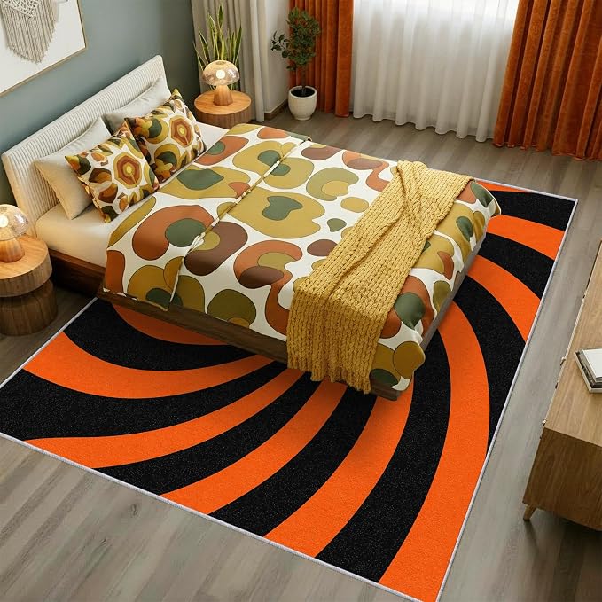 70s Rug Large 7x10 Swirl Abstract Black Orange Striped Pattern Area Rugs for Living Room, Bedroom, 70s Home Decor Accessories Indoor Carpet, Non Slip & Machine Washable, GD0381