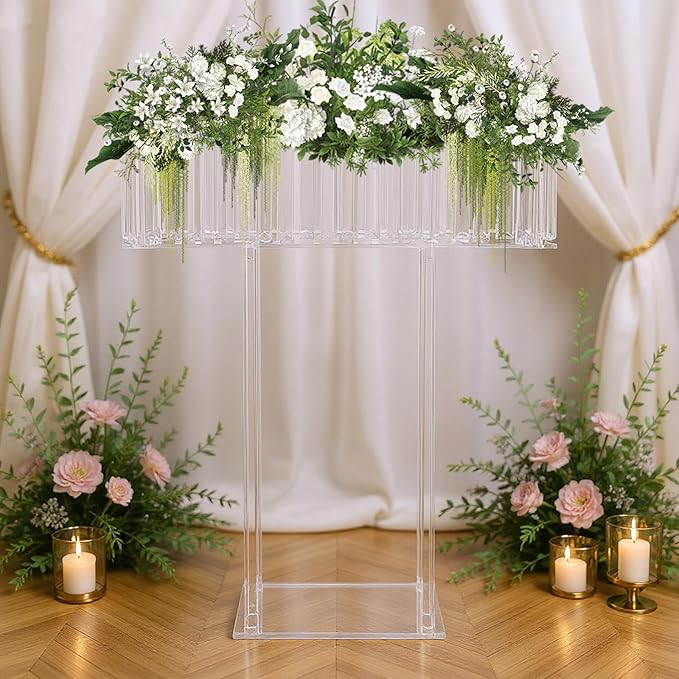 Tall Acrylic Vase 23.6In Wedding Flower Stand Acrylic Centerpiece Stand Geometric Floral Vase Flower Arrangement Holder Rectangular Floral Display Rack for Birthday Party, Table Decorations