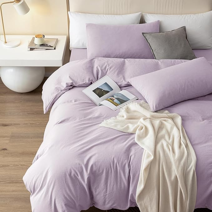 JIYUAN 100% Washed Cotton Duvet Cover Set 3 Pieces Cal King, 1 Duvet Cover 104x98 Inches(Comforter Not Included) and 2 Pillowcases,Linen Like Comfy and Breathable,Heathered Light Purple