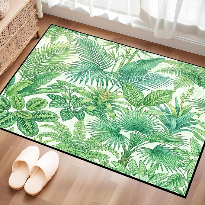 Tropical Leaves Area Rug 2'x3' Green Botanical Palm Fern Leaf Rug Non Slip Washable Indoor Floor Mat for Entryway Bedroom Living Room Nursery Kitchen Playroom Home Decor