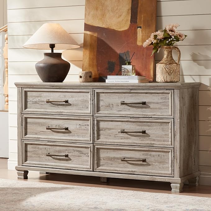Farmhouse 6 Drawer Dresser for Bedroom, 54 inch Wide Large Vintage Chest of Drawers with Square Solid Wood Legs, Rustic TV Stand for Living Room, Wooden Storage Dressers for Hallway, Grey