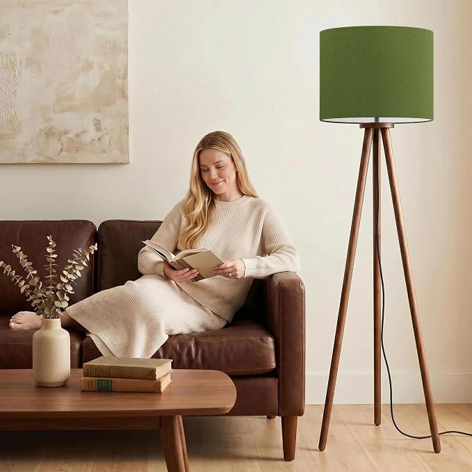 Buruis 60.6" Solid Wood Tripod Floor Lamp with 15.7" Large Linen Shade, Mid-Century Walnut Finish Standing Lamp for Living Room, Bedroom, Office, Corner, UL Listed, Bulb Not Included, Green