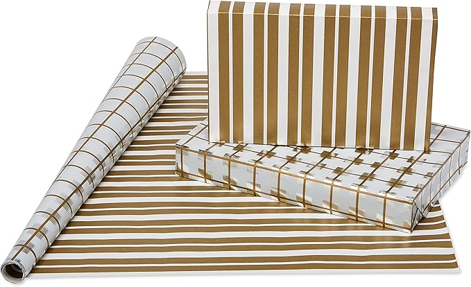 American Greetings Foil Wrapping Paper Rolls for Christmas, Weddings or Any Occasion, Metallic Gold and White Holiday Gift Wrap (80 sq. ft., 4 Rolls-30 in. x 8 ft., Reversible) Stripes, Polka Dots