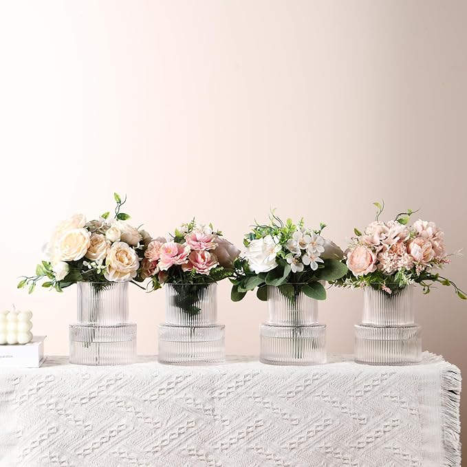 Ribbed Glass Vases, Set of 4 Small Vases for Flowers, Clear Glass Vase for Tulips, Modern Vase for Living Room, Kitchen, Office, Entryway, Bookshelf, Wedding Gifts, Birthday, 6 Inches
