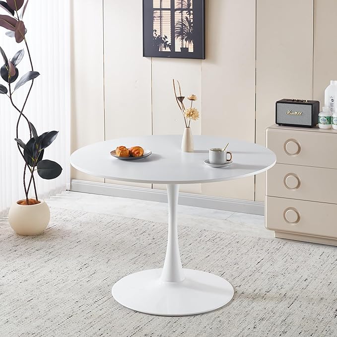 42" Tulip Table for 4-6 Persons Modern Round Dining Room Table, Mid-Century Modern White Small Kitchen Table with MDF Wooden Top, Leisure Coffee Table for Living Room, Dining Room, Office