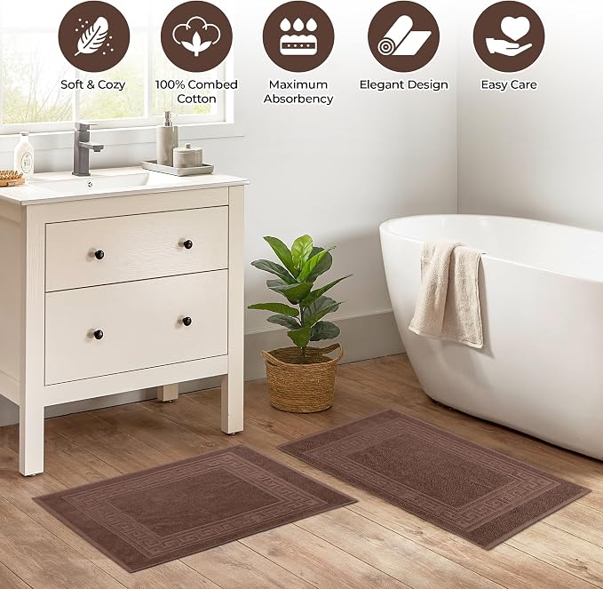 Superior Heavyweight Cotton Bath Mats, Bath Rugs For Bathroom Accessories, Washable Rug For Shower, Bath, Toilet, Modern Decor, No Backing, Luxury Hotel And Spa Quality, Set of 2, 22" x 35", Mocha