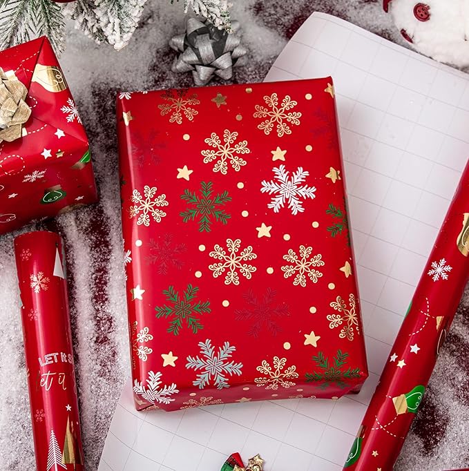 MAYPLUSS Red Christmas Wrapping Paper Rolls - 17" X 120" Per Roll - Vintage Funky Red Deer, Christmas Oranments, and Snowflakes Pattern Holiday Gift Wrap Present Paper for Festive Celebrations