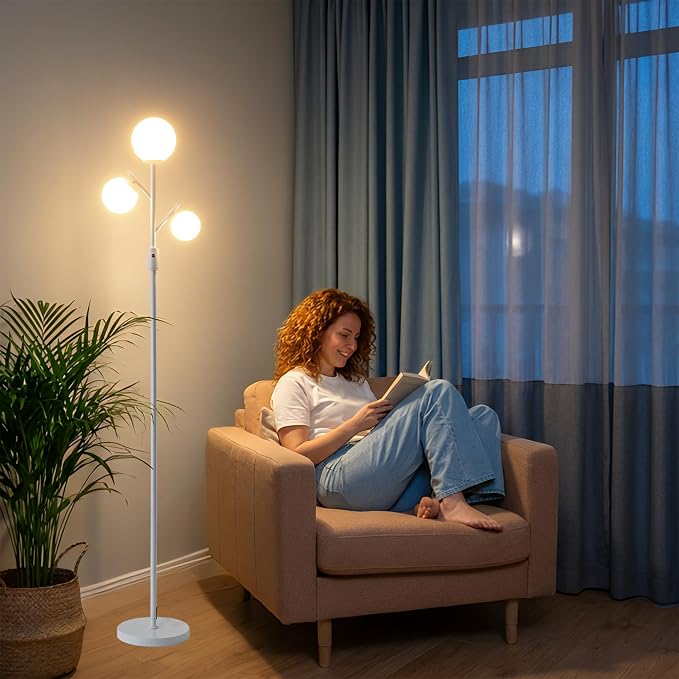 Fiqevs Mid Century Modern 3 Globe Tree Floor Lamp - Dimmable LED Standing Lamp with Bulbs, Warm Light for Living Room Bedroom Office - White