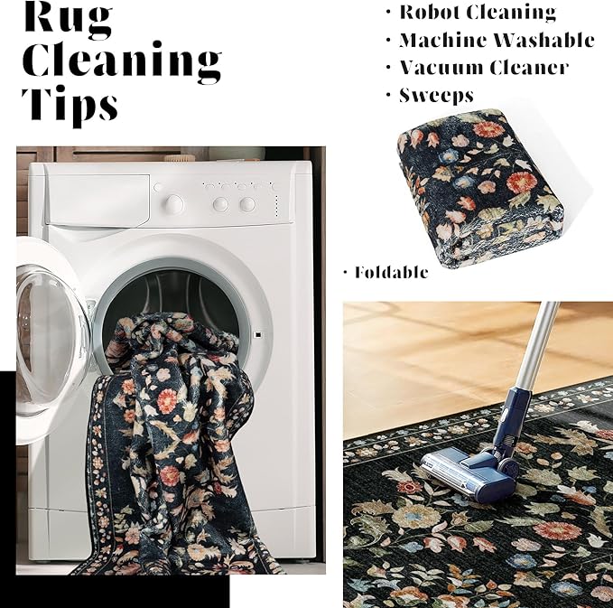 MUJOO Small Rug Washable,Black 2x3 Area Rugs for Entryway,Floral Front Door Mat Indoor Entrance Entry Way,Boho Kitchen Bathroom Floor Rug Throw Carpet Non Slip Low Pile Vintage
