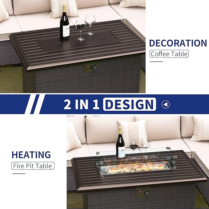 Kullavik 43" Propane Fire Pit Table,55000 BTU Auto-Ignitiongas Gas Fire Table with Fire Glass and Lid,Waterproof Cover and Blue Glass Stone for Patio,Balcony,Garden