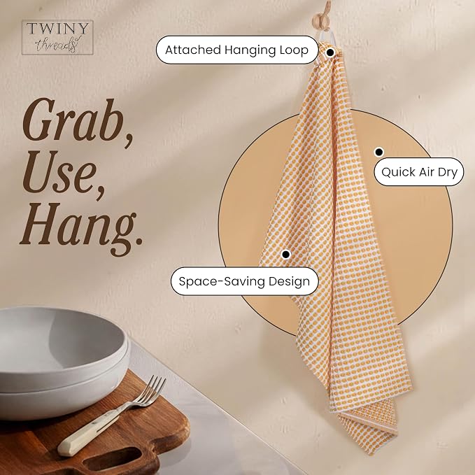 TWINY threads Circle Waffle Tea Towels Set of 4, 16x26 Inch, 100% Cotton, Durable, Soft, Waffle Weave Hand Towels, Reusable Cloths, Ideal for Cooking, Baking, Household, Assorted Colors