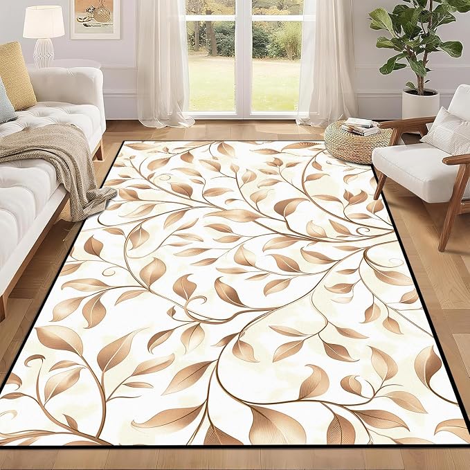 Botanical Leaf Vine Area Rug Beige Floral Branch Print Rug for Bedroom Living Room Kitchen Nursery Playroom Home Decor Non-Slip Washable Floor Mat Modern Farmhouse Carpet,4'x6'