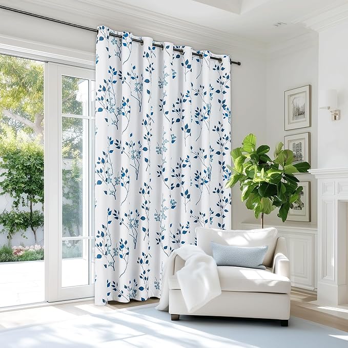 Beauoop Floral 100% Blackout Curtains 84 Inch Length 1 Panel for Patio Sliding Door Extra Wide Navy Blue Flower Patterned Divider Room Darkening Thermal Soundproof Grommet Window Drapes, 100x84, 1 set