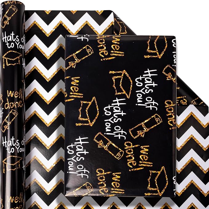 Altarho Reversible Graduation Wrapping Paper Set Rolls Black Gold Trencher Cap and Wavy Stripes Gift Wrap Sheets for Party Celebration Annusarily Back to School Total 28.5sq.ft