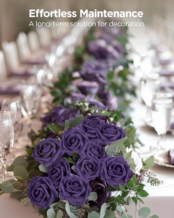 InnoGear Artificial Flowers, 50 Pcs Dusty Purple Foam Fake Roses Bulk with Stems for Decoration DIY Wedding Bouquets Centerpieces Bridal Shower Party Valentines Christmas Tree