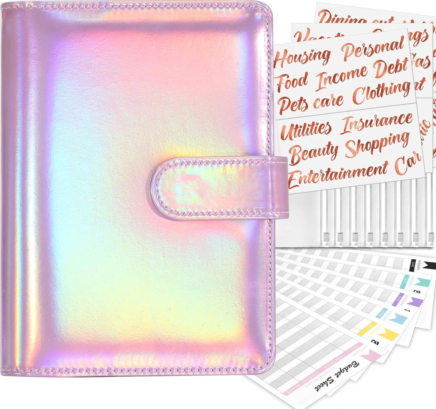Sooez Money Organizer - A6 Leather Budget Binder with Zipper Envelopes & 43 Rose Gold Labels | Laser Pink