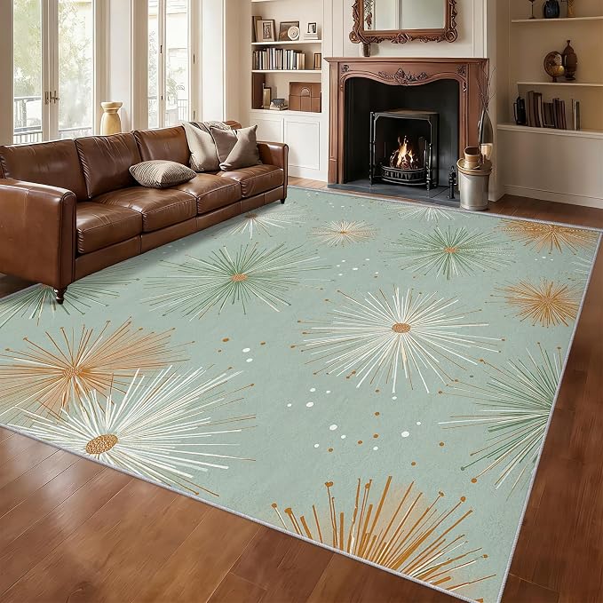 Mid Century Modern Rugs for Bedroom 3x5 ft, Starburst Area Rugs for Living Room, Washable Non Slip Low Pile Retro Atom Carpet, Home Decor PF-P 107