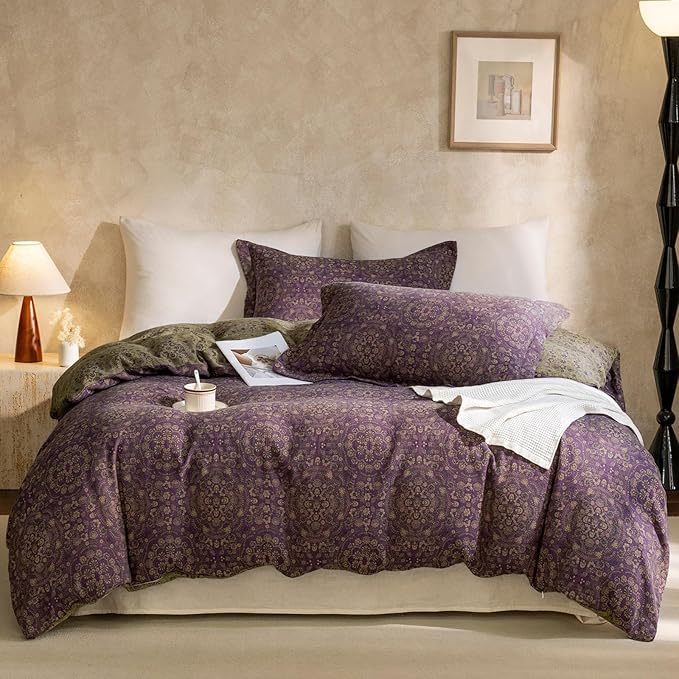 VM VOUGEMARKET Jacquard Flower Duvet Cover Twin,Purple Green Floral Duvet Cover Set Yarn-Dyed Cotton Boho Medallion Bedding Set,Retro Reversible Duvet Cover with Zipper Ties