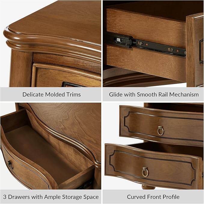 HULALA HOME Traditional Side Tables with 3 Drawers, Tall Side Table with Curved Front Profle Desgin, Charging Station, Solid Wood Legs, Set of 2, SEADRIFT