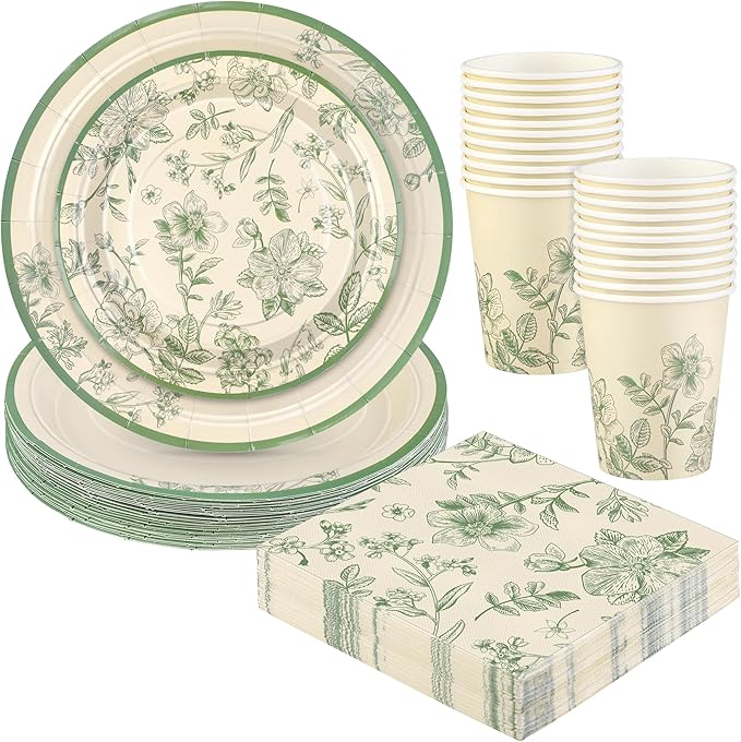 96 Pieces Sage Green Floral Party Supplies Elegant Floral Disposable Tableware Set Includes 9 Inch and 7 Inch Paper Plates, Cups, Napkins Serves 24 Guests for Birthday Baby Shower Wedding