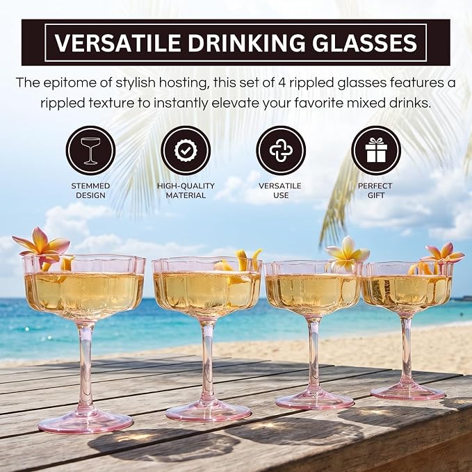 Flower Scalloped Vintage Wavy Petals Wave Glass Coupes 7oz Colorful Martini, Champagne & Cocktails, 4 Set Pink Rippled Champagne Glasses, Elegant Bar Glassware, Unique Aesthetic Coupe Glassware Gifts