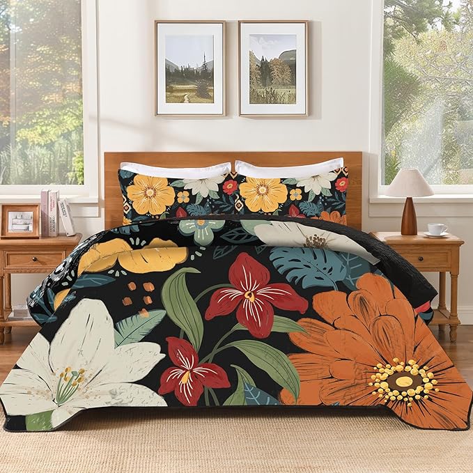 Andency Floral Boho Quilt King Size Bedding Set Dark, 3 Pieces Farmhouse Flower Botanical Summer Bedspreads with 2 Shams, Soft Reversible Lightweight Microfiber Coverlet Set for All Season, 106"x96"
