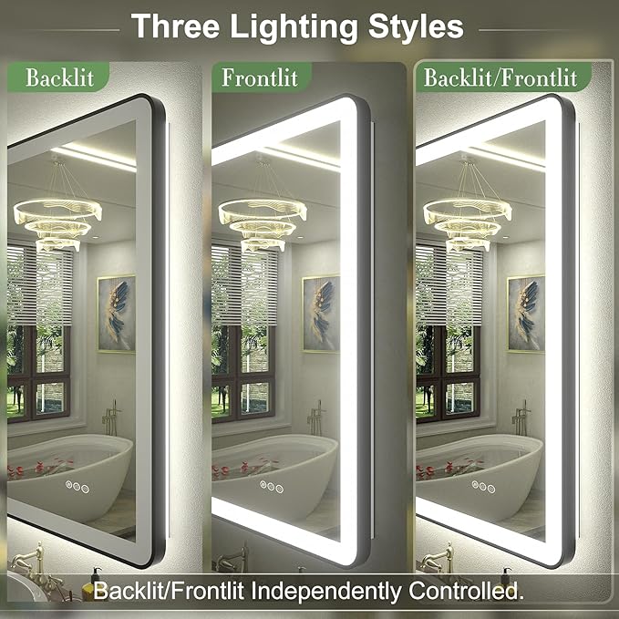 60"x30" LED Lighted Bathroom Mirror for Wall, Large Framed Bathroom Vanity Mirror with Lights, Independent Backlit and Front lit, Dimmable, Anti-Fog, Shatterproof, Memory, ETL Listed