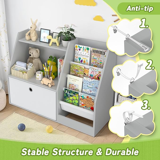 TOETOL Kids Bookshelf,Book Storage Organizer,4 Sling Toddler Wooden Book Shelf,2-Tier Kids Bookcase for Bedroom,Livingroom,Playroom,Nursery-Grey