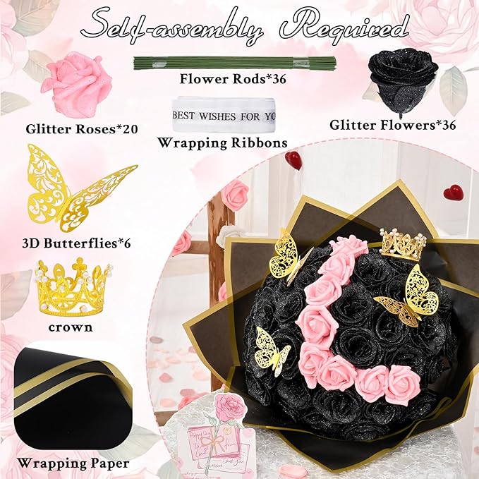 Waipfaru 36+20 Glitter Roses Bouquet, DIY Fake Flowers Bouquet, Craft The Initials of Your Loves' Name with Artificial Rose Bouquet for Valentines, Anniversary, Wedding, Black & Pink