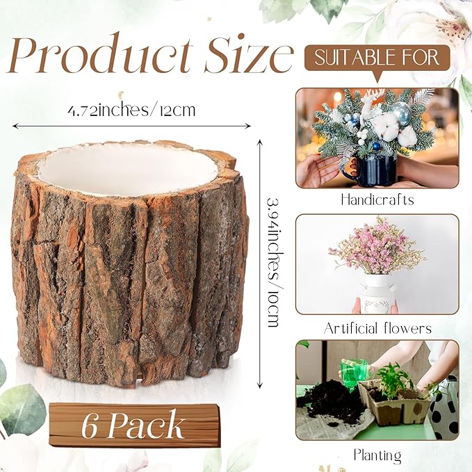 6 Pcs Wooden Vase for Centerpieces Christmas Table Decor Wooden Flower Vase Rustic Bark Stump Buckets Vintage Wood Planter Pots for Xmas Woodland Party Wedding Window Home Farmhouse (Large)