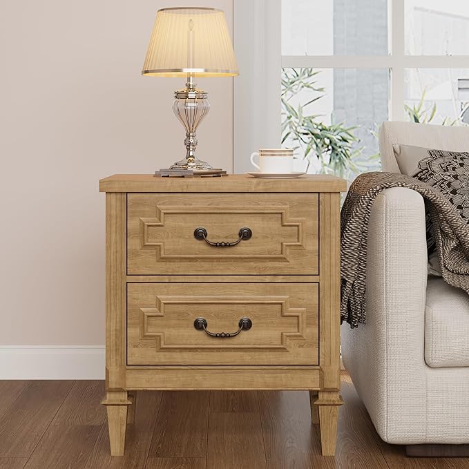 BLANKSPACE Farmhouse Nightstand wtih Vintage Surface, 26" Tall End Table, Side Table with 2 Drawers Storage Cabinet for Bedroom, Living Room, Natural Oak