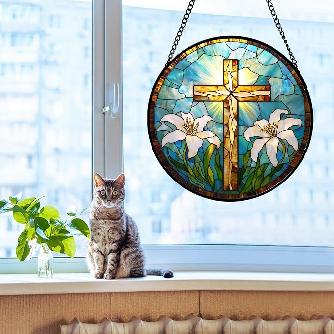Christian Gifts for Women - Cross Stained Glass Window Hanging Jesus Easter White Lily Flower Sun Catcher Garden Religion Decor Mother's Day Catholic Gift for Men Grandma Mom Her Nana 11.8"