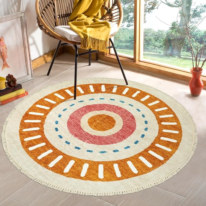 Lukinbox Boho Round Rug - 5ft Sun Washable Area Rug for Living Room, Super Soft Non-Slip Circle Bedroom Rugs, Colorful Rainbow Circular Rugs for Kids Nursery Playroom Dinning Room