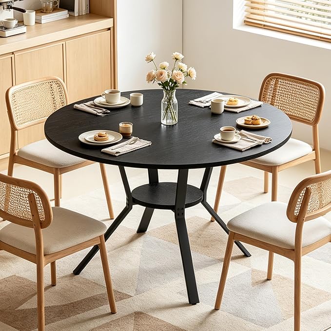 Wildhome Round Dining Table for 2-4, 43 Inch Dining Room Kitchen Table with 1-Tier Storage Shelf, Modern Farmhouse Dinner Furniture with Adjustable feet,Oval Circle(43in-Black)