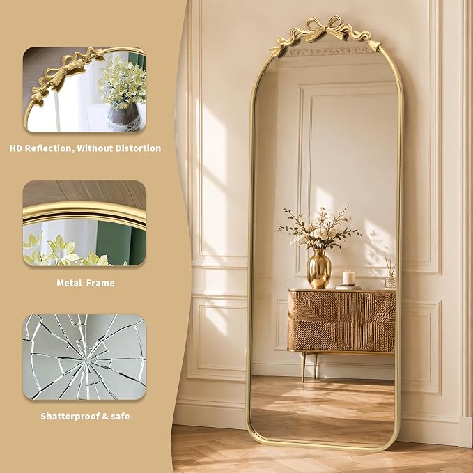 Besdomus Arched Mirror Full Length: 21"x56" Bow Gold Arch Floor Mirror - Antique Baroque Traditional Ornate Standing Mirror for Entryway/Cloakroom/Bedroom - Home Decor for Fashion-Conscious