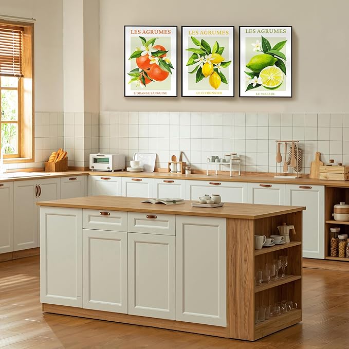 SERIMINO Fruit Botanical Wall Art for Kitchen, Lemon Prints Framed Canvas Wall Decor for Floral Dining Room Farmhouse, Watercolor Paintings Room Decor Aesthetic 3 Piece Set, 16"X24"