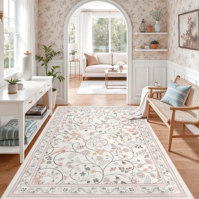 DCX Pink Vintage Floral Area Rug 6x9, Machine Washable Botanical Bird Rug Non Slip Soft Low Pile Large Carpet for Living Room, Bedroom, Dining Room, Home Office