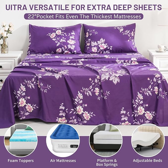 Bedlifes King Size Extra Deep Pocket Sheet Sets - Fits Mattresses Up to 18-24" Thick, 4-Piece Microfiber Set with 1800 Thread Count, Soft, Smooth, Breathable, Featuring Dark Purple Floral