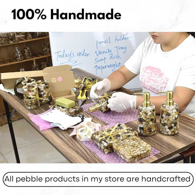Handmade Refillable Soap Dispenser for Bathroom & Kitchen, Rocks Stone Soap Dispenser with Gold Stainless Steel Pump