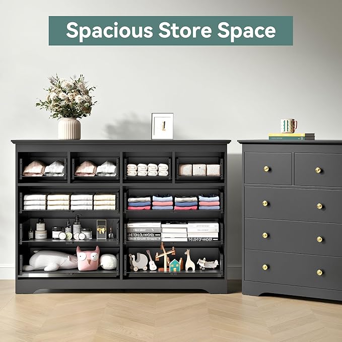 Black Dresser for Bedroom，55" Wide 10 Drawers Dressers,Modern Wooden Chest for Living Room, Hallway